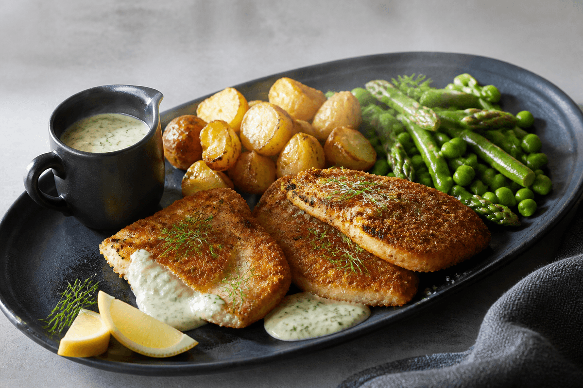 Langt mørkeblåt fad med tre fuldt tilberedte rugpanerede rødspættefileter, brunede kartofler, asparges, ærter, tyk persillesauce, citron og dild