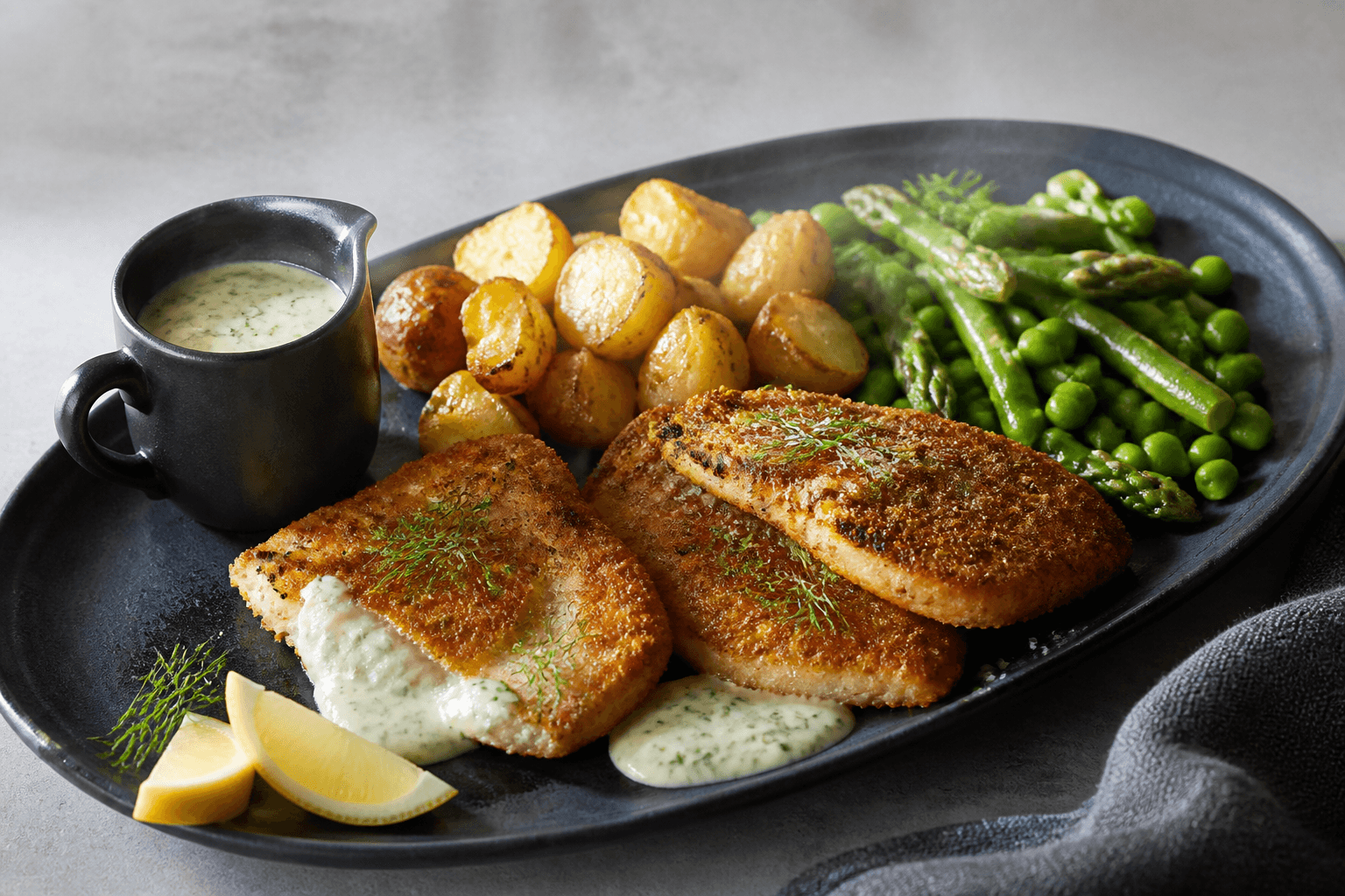 Langt mørkeblåt fad med tre fuldt tilberedte rugpanerede rødspættefileter, brunede kartofler, asparges, ærter, tyk persillesauce, citron og dild