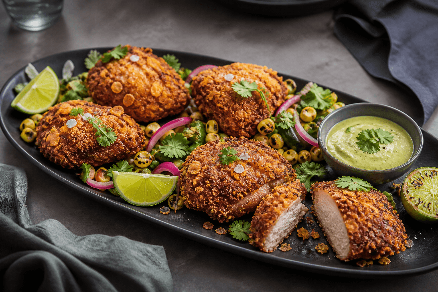Langt sort fad med seks sprøde fuldt gennemstegte chili-limekyllingestykker, majssalat, poblano, syltet rødløg, koriander, lime og grøn jalapeño-avocadodip