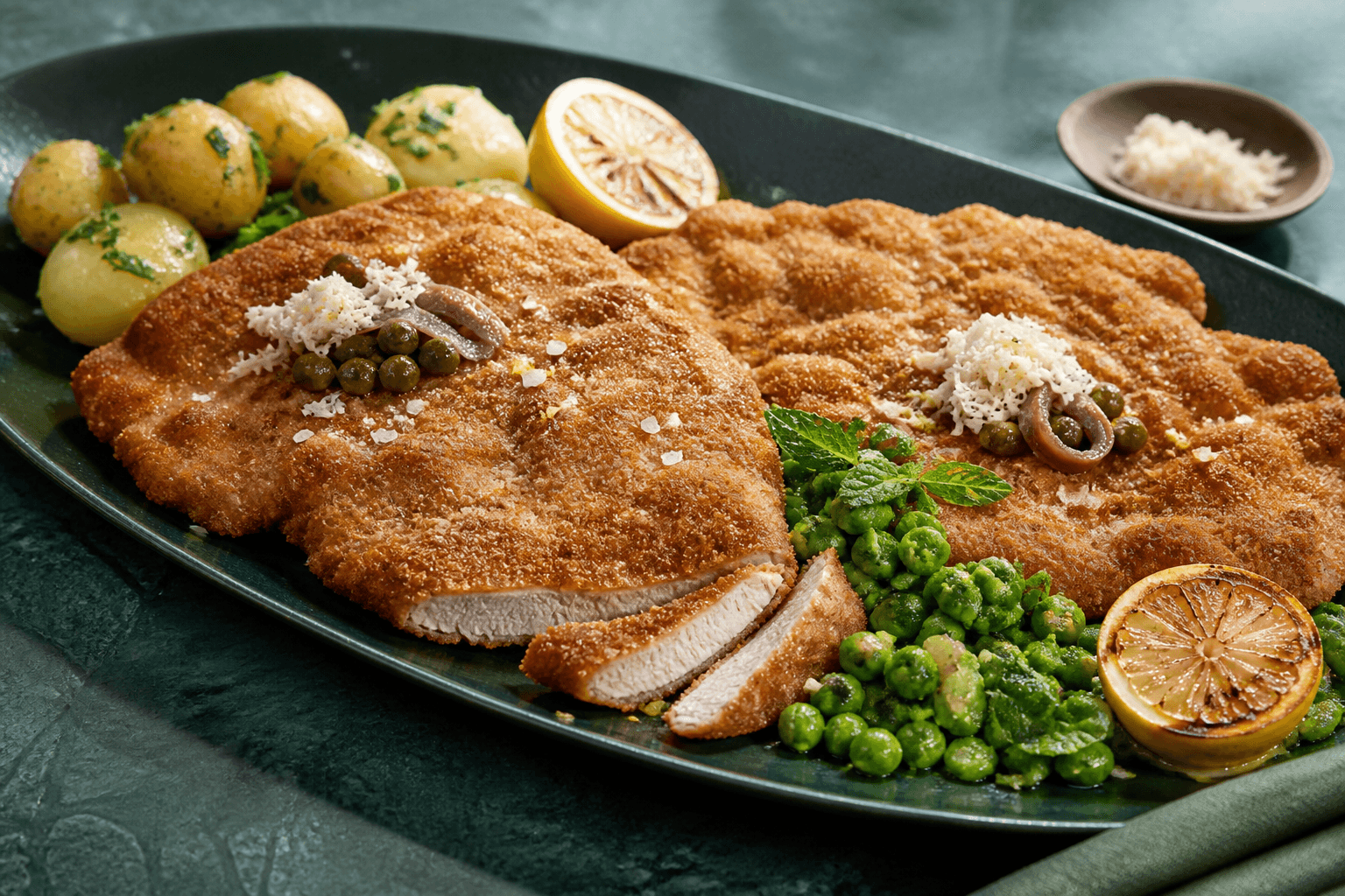 Langt mørkegrønt fad med to fuldt tilberedte luftigt panerede kalveschnitzler, persillekartofler, mynteærter, forkullet citron, kapers, ansjos og peberrod