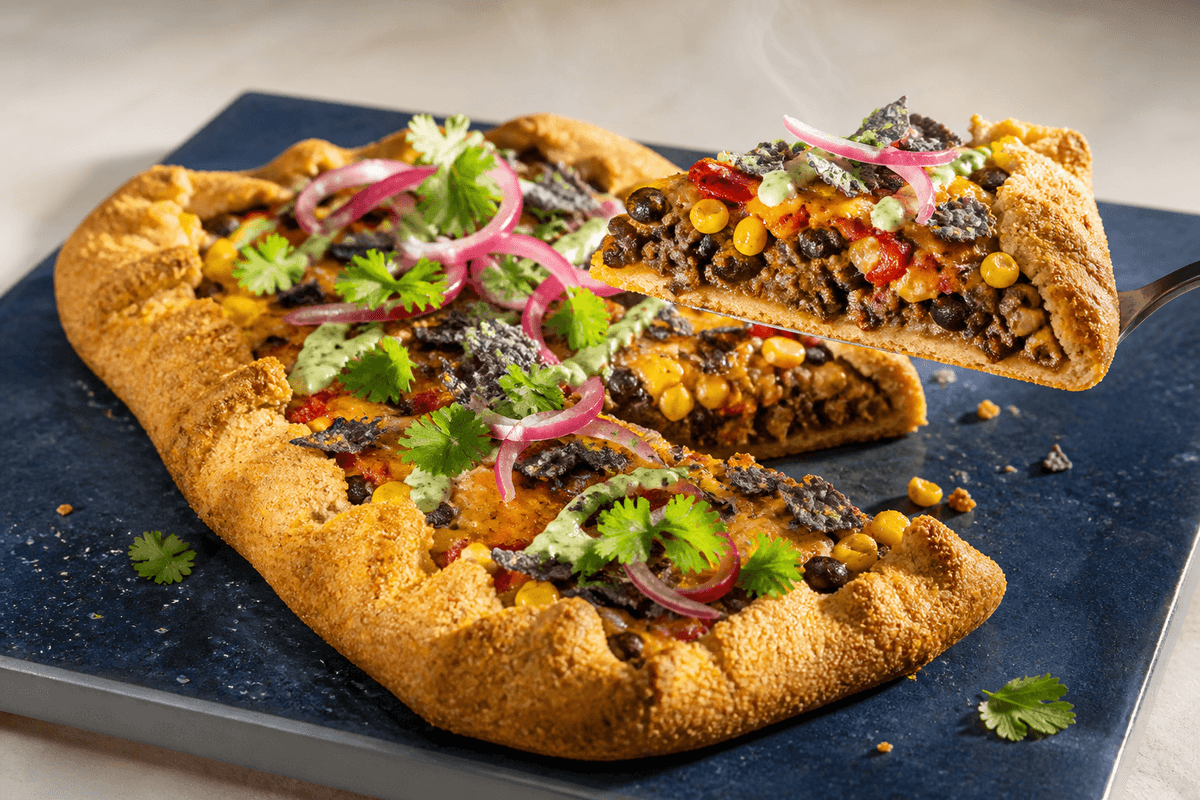 Aflang mexi-galette på koboltblå plade med fuldt gennemstegt oksekød, sorte bønner, majs, peber, cheddar, syltet rødløg og avocado-limecreme