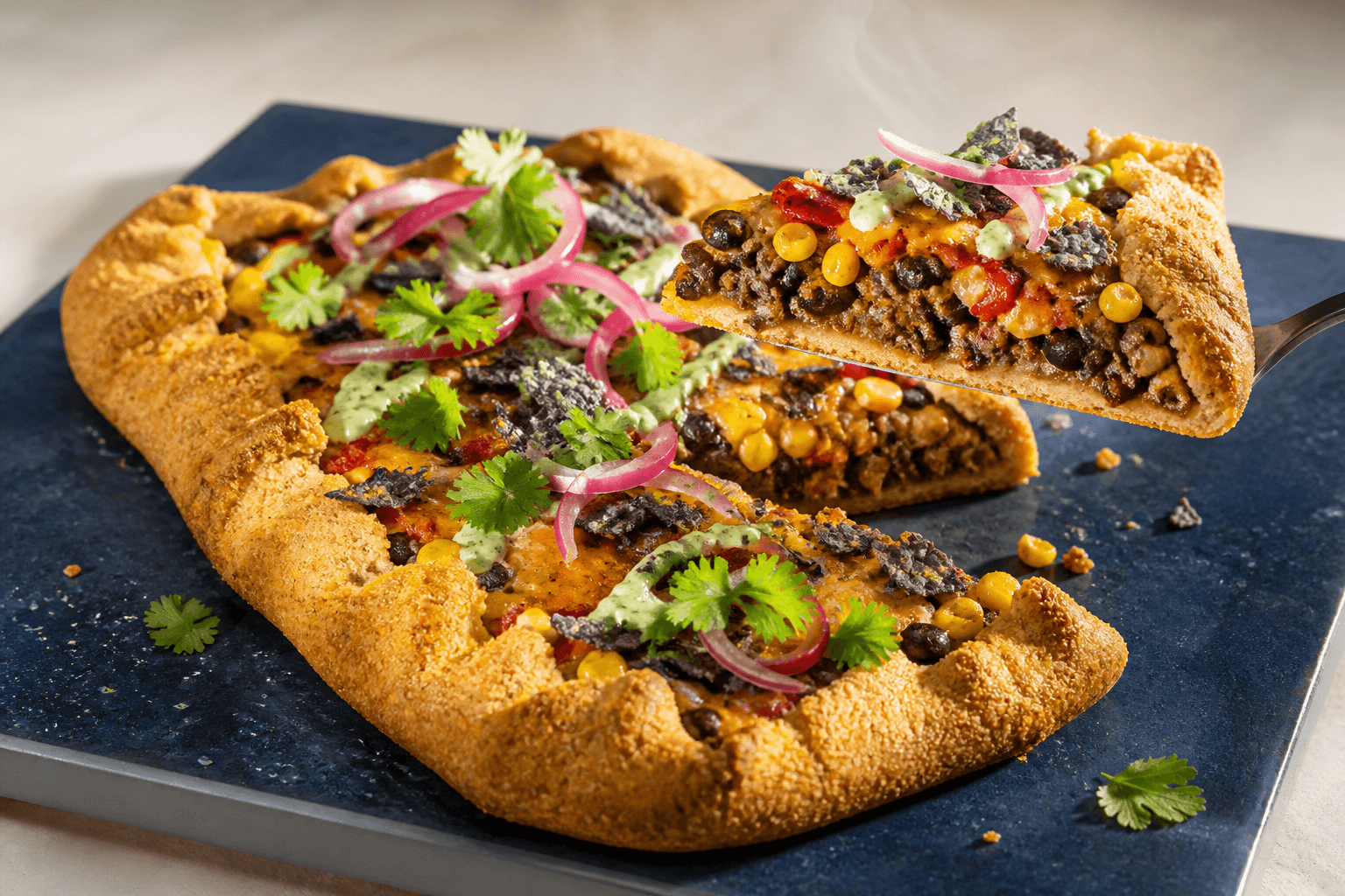 Aflang mexi-galette på koboltblå plade med fuldt gennemstegt oksekød, sorte bønner, majs, peber, cheddar, syltet rødløg og avocado-limecreme