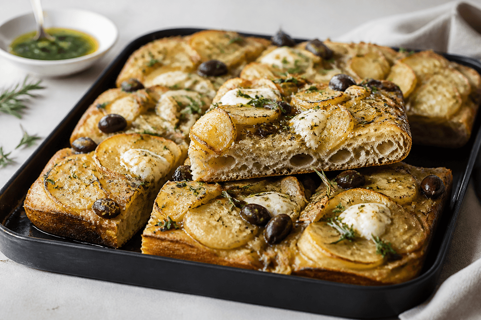 Sort stålbradepande med luftig kartoffelpizza i firkanter, tynde kartofler, karamelliseret fennikel, sorte oliven, røget mozzarella, rosmarin og citron-persilleolie