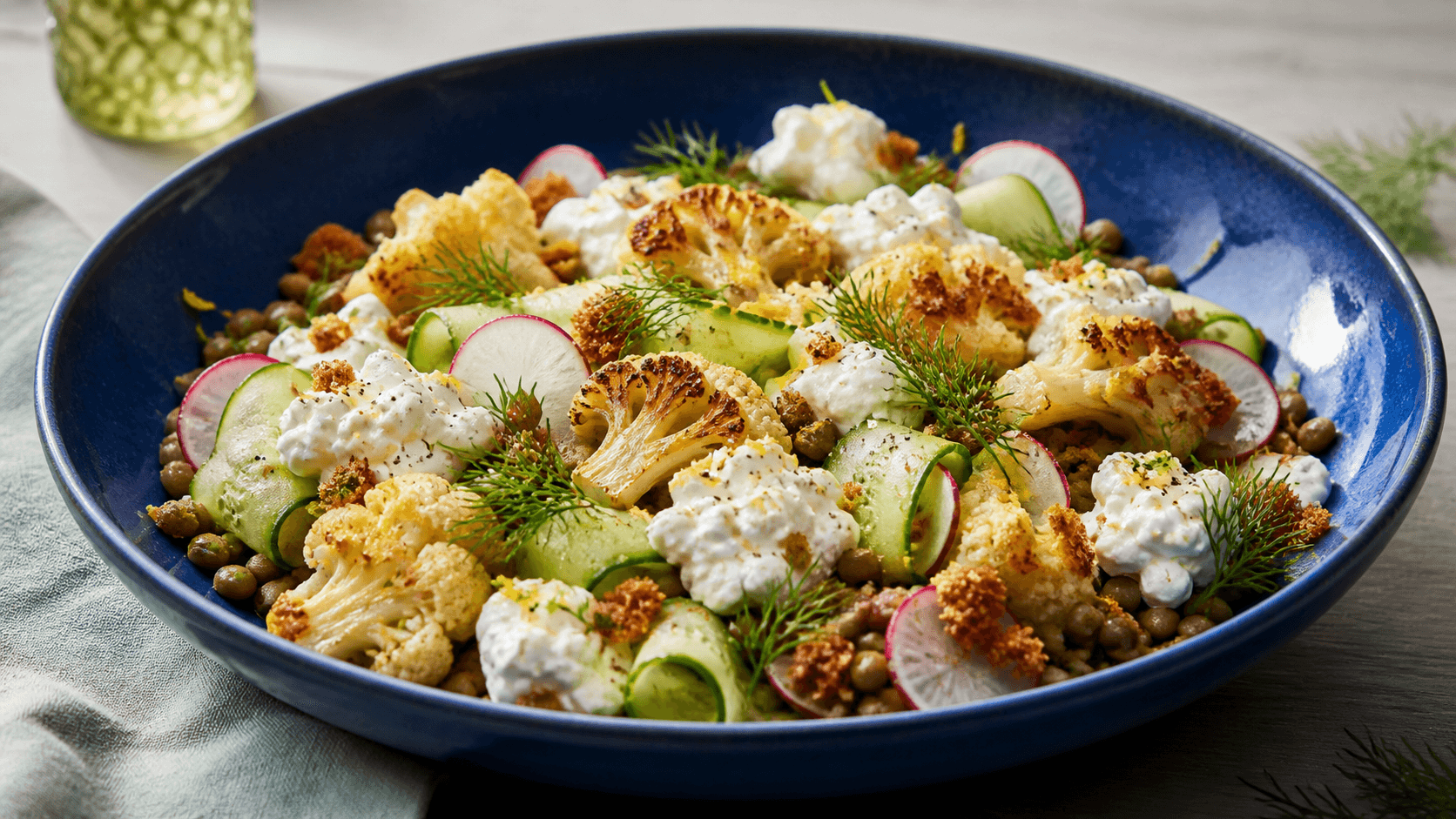 Koboltblå skål med ristet blomkål, hytteost, grønne linser, agurkebånd, radiser, dild, citron og sprødt rugknas