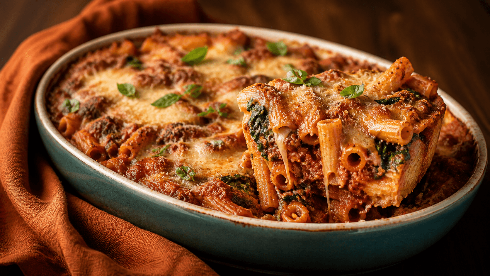 Oval turkis form med bagt rigatoni, tæt fuldt gennemstegt bolognese, courgette, spinat, mozzarella og parmesan samt et løftet stykke