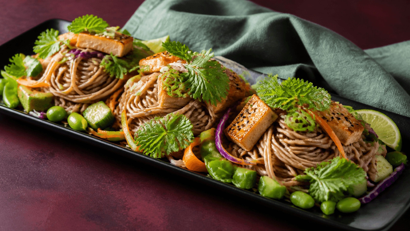 Sort langt fad med tre reder kolde sobanudler, sprød gylden sesamtofu, edamame, sukkerærter, lilla kål, grøntsagsbånd, urter og lime