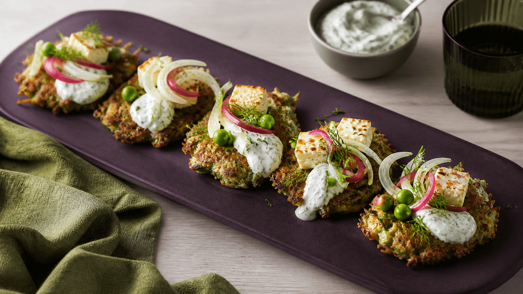 Langt auberginefad med seks små sprøde grønne rösti, bagt feta, ærter, fennikel, syltet rødløg, dild og tyk urtedip