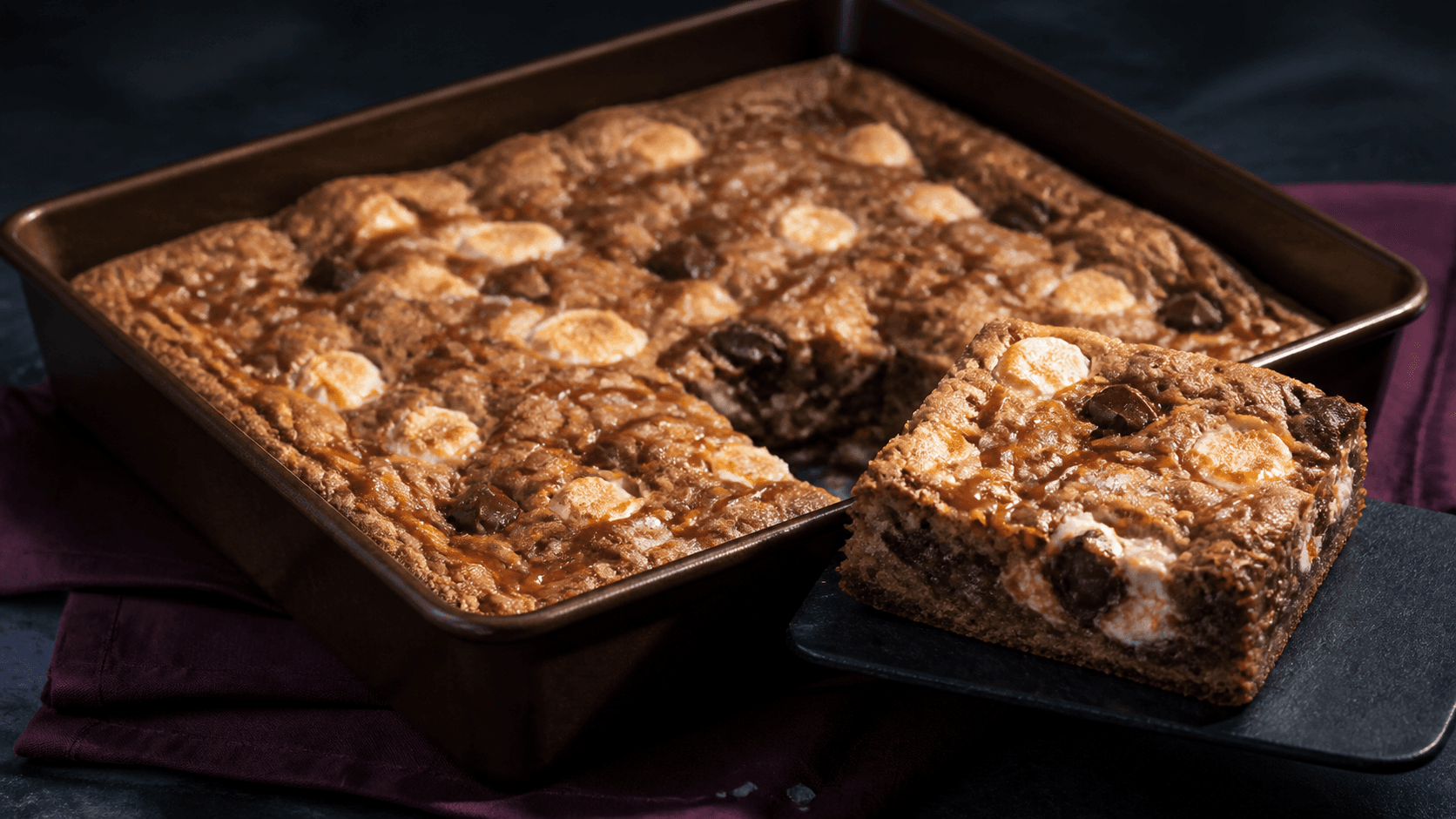 Rektangulær kobberform med tyk brunet-smør-cookiekage, mørk og lys chokolade, ristede skumfiduser, saltkaramel og et løftet gennembagt stykke