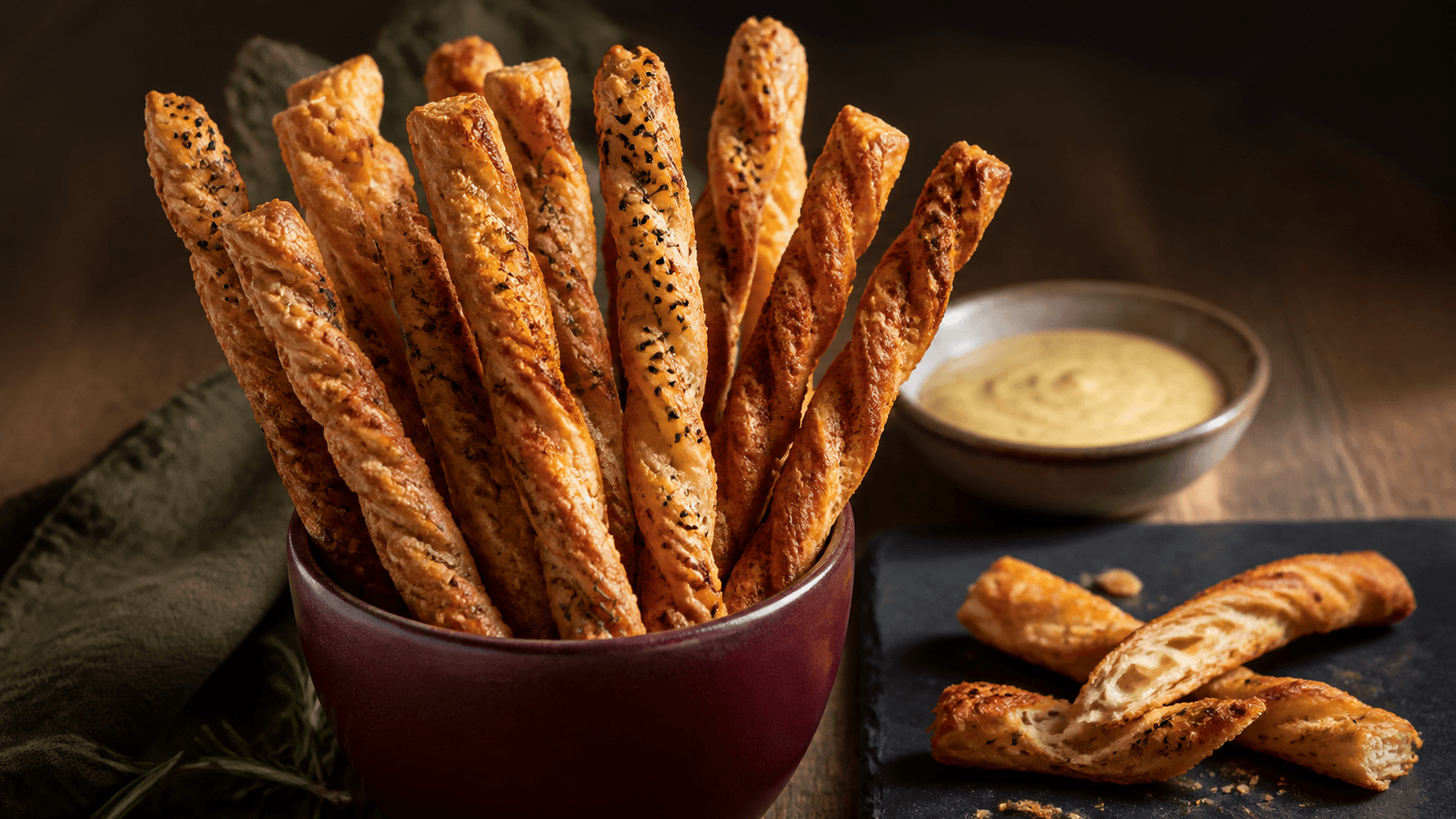 Bordeaux krukke med høje gyldne butterdejstwists med parmesan, rosmarin, sort sesam og røget paprika samt brudte luftige lag og citron-dijondip