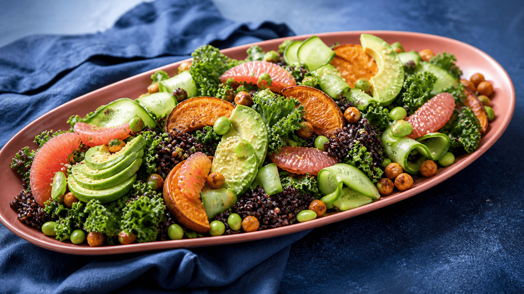 Langt koralfarvet fad med grønkål, sort ris, edamame, ristet sød kartoffel, avocado, rosa grapefrugt, agurkebånd, sprøde kikærter og sesam