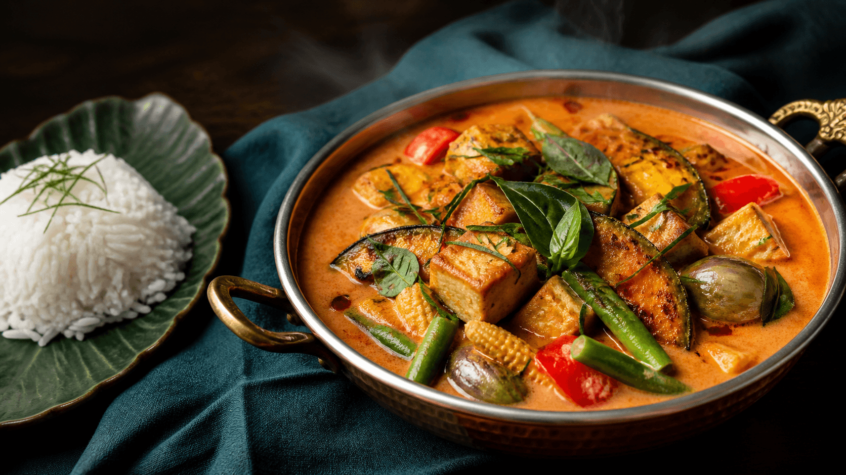 Lav hamret kobberskål med murstensrød vegetarisk thai curry, sprød gylden tofu, ristet kabocha, grønne bønner, babymajs, rød peber, thai-aubergine og basilikum samt ris separat