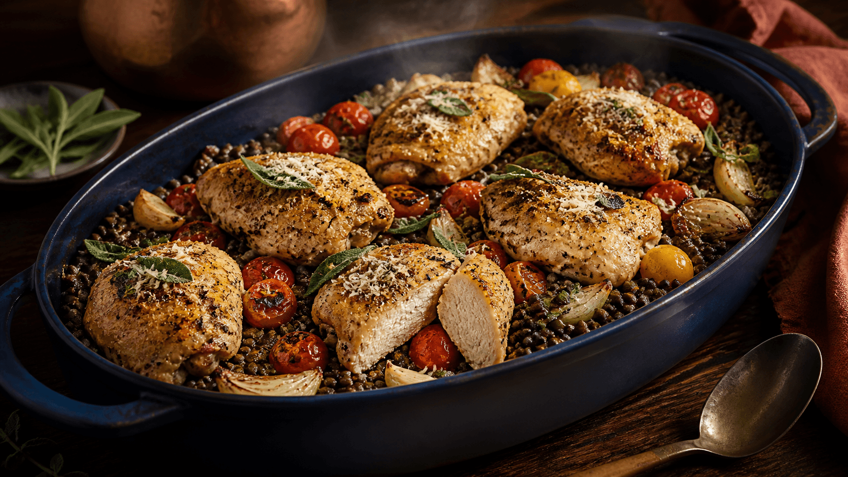 Langt midnatsblåt fad med parmesan-salviekylling gennemstegt til mindst 75 °C, helt hvidt snit, belugalinser, bagte tomater, fennikel og hvidløg
