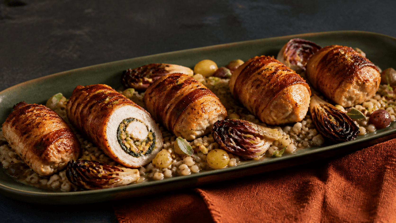 Langt skovgrønt fad med fem sprøde baconviklede kyllingeroulader, helt hvidt gennemstegt spiralsnit med spinat, ricotta og pistacie, perlebyg, ristede druer og charret radicchio
