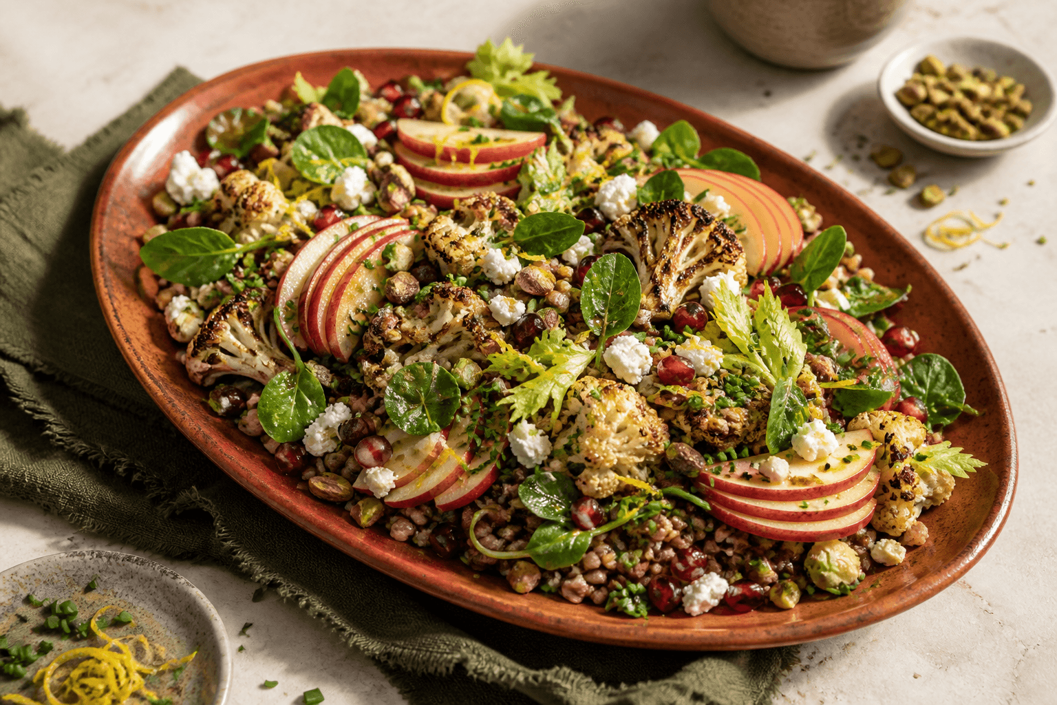 Bredt terrakottafad med mørk bulgur, hårdt ristet blomkål, æblevifter, granatæble, pistacie, feta, vandkarse og selleriblade