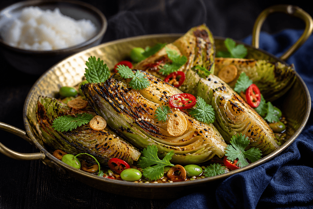 Hamret messingpande med hurtigt mørkt stegte spidskålsbåde, miso-limeglaze, sprød hvidløg, sesam, chili, edamame og grønne urter