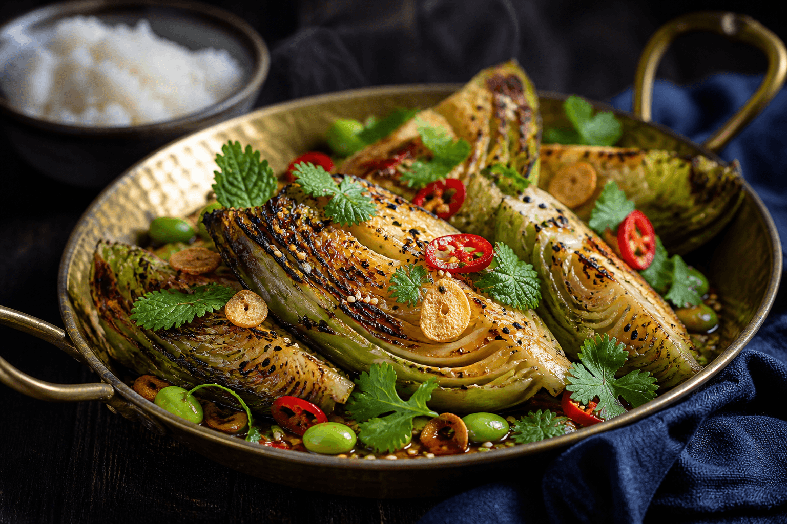 Hamret messingpande med hurtigt mørkt stegte spidskålsbåde, miso-limeglaze, sprød hvidløg, sesam, chili, edamame og grønne urter