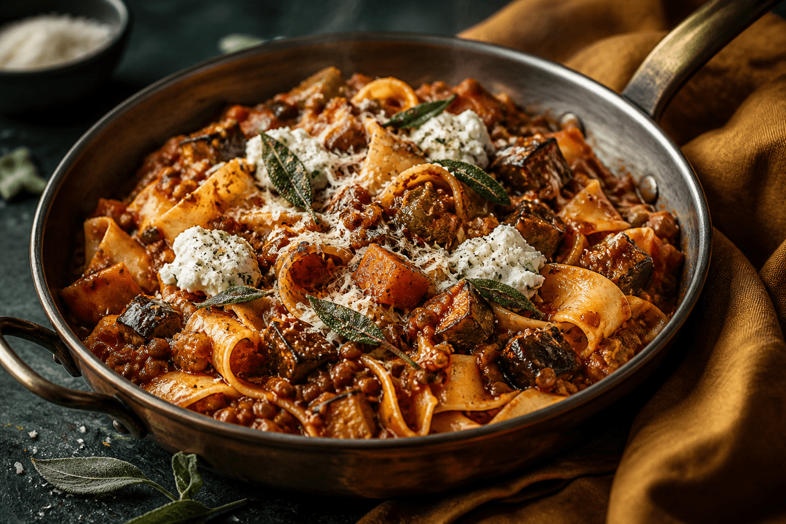 Kobberpande med pappardelle i tæt vegetarisk bolognese af linser, brunede svampe og aubergine med citronricotta og salvie