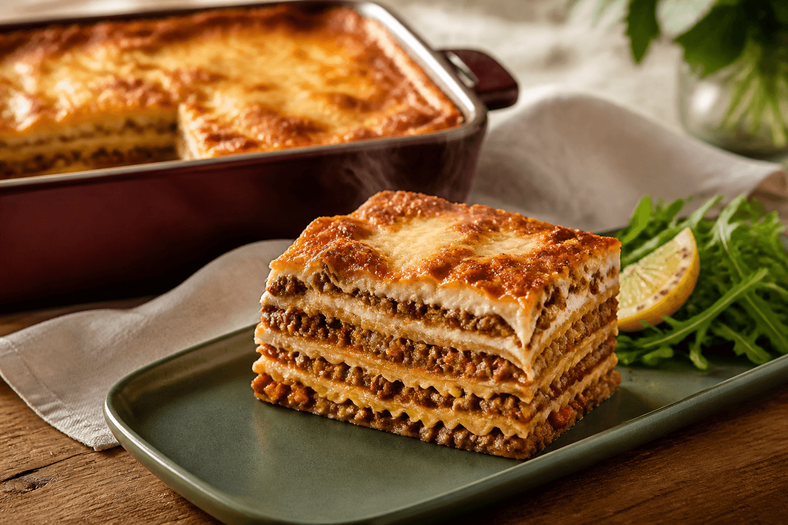 Høj femlags lasagneskive med helt brun gennemstegt oksefars, tyk tomatragù, tynd bechamel og bronzeret ost på grønt fad