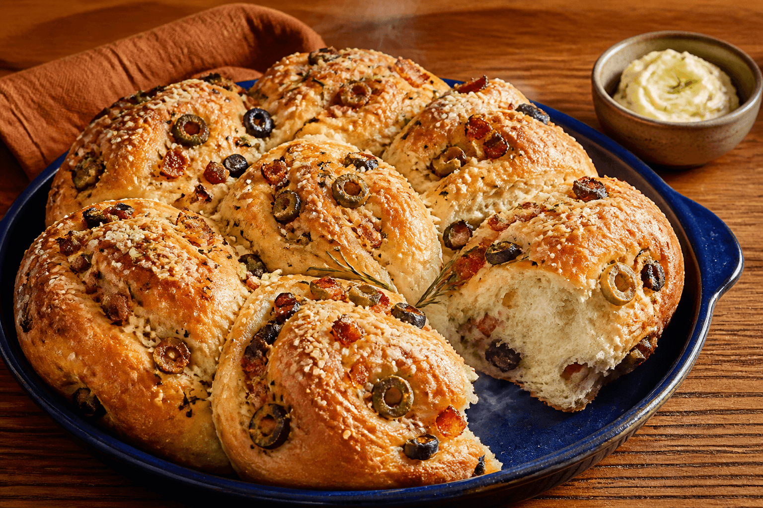 Koboltblå bageplade med gyldent brydebrød i otte knuder, sprød bacon, sorte og grønne oliven, rosmarin og åben gennembagt krumme