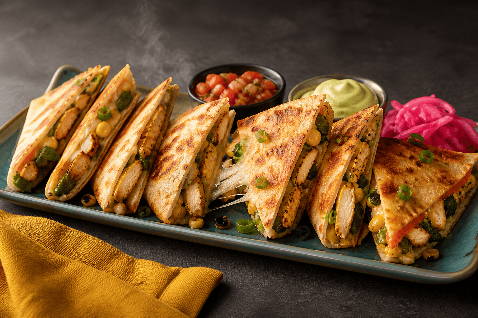 Langt turkis fad med sprøde trekantede quesadillas og åben kerne af helt hvid gennemstegt kylling, poblano, majs og smelteost