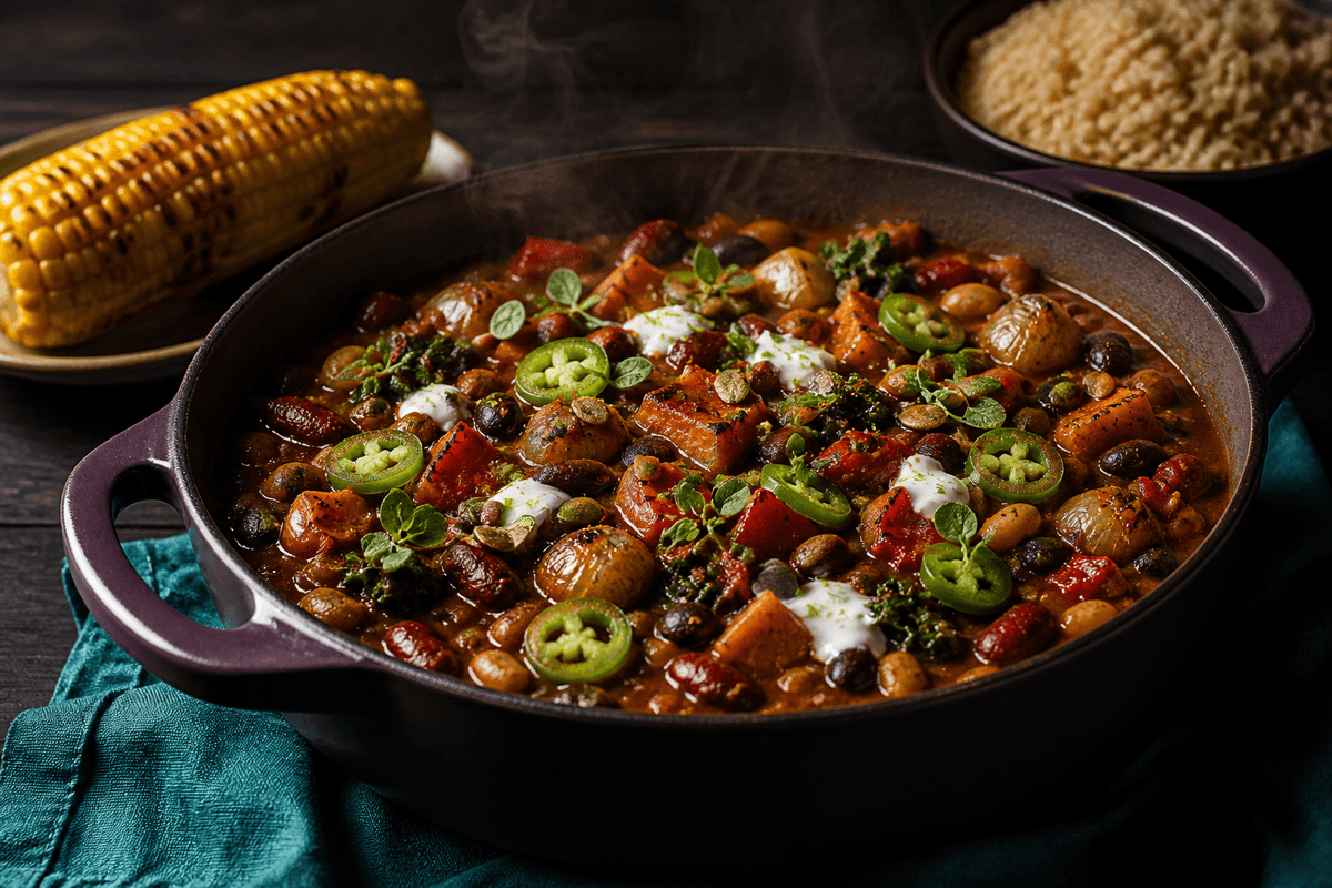 Auberginefarvet gryde med tyk røget tre-bønnegryde, sød kartoffel, charret peber, perleløg, grønkål, lime-skyr og græskarkerner