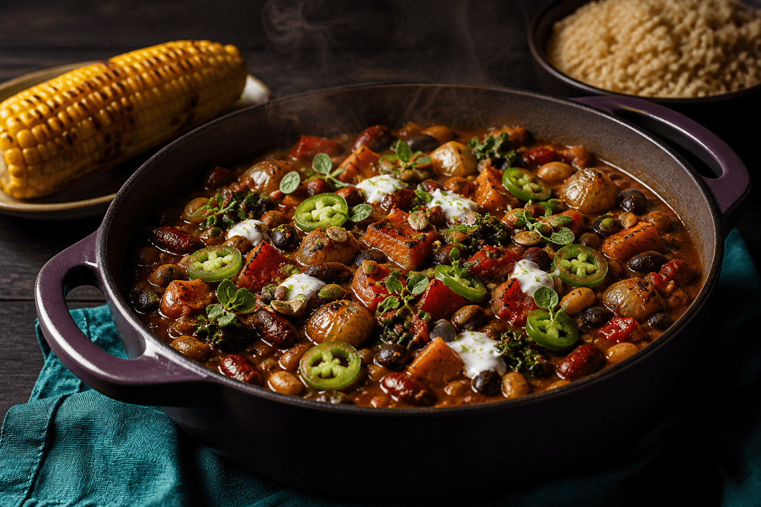 Auberginefarvet gryde med tyk røget tre-bønnegryde, sød kartoffel, charret peber, perleløg, grønkål, lime-skyr og græskarkerner