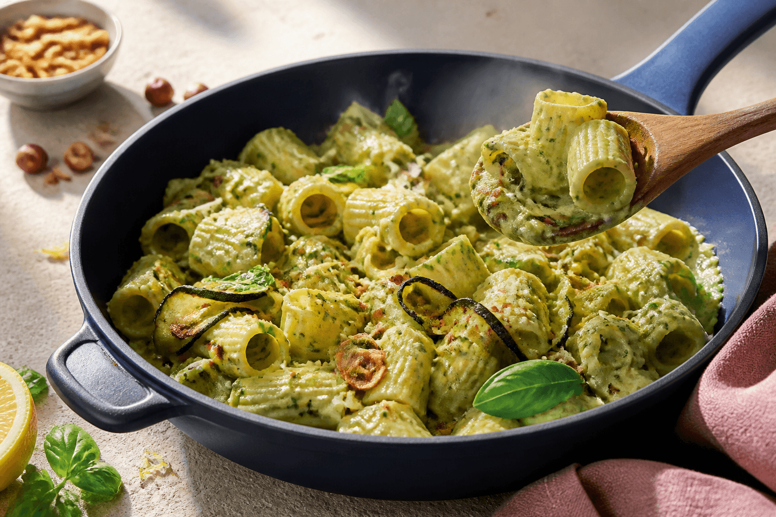 Midnatsblå pande med rigatoni i silkeblød grøn squash-hvidløgscitron-sauce, charrede squashbånd, hvidløgschips, hasselnød og pecorino