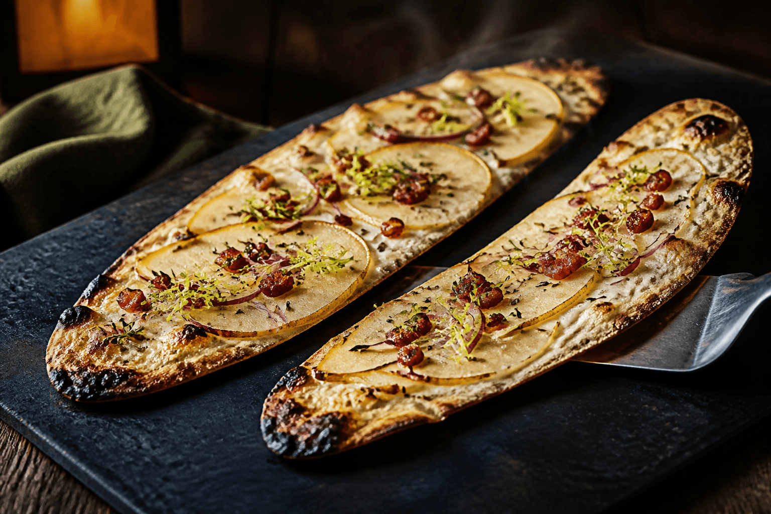 To lange papirtynde flammkuchen på mørkt bagestål med sprød bacon, rødløg, pære, creme fraiche, kommen, timian og blistrede kanter
