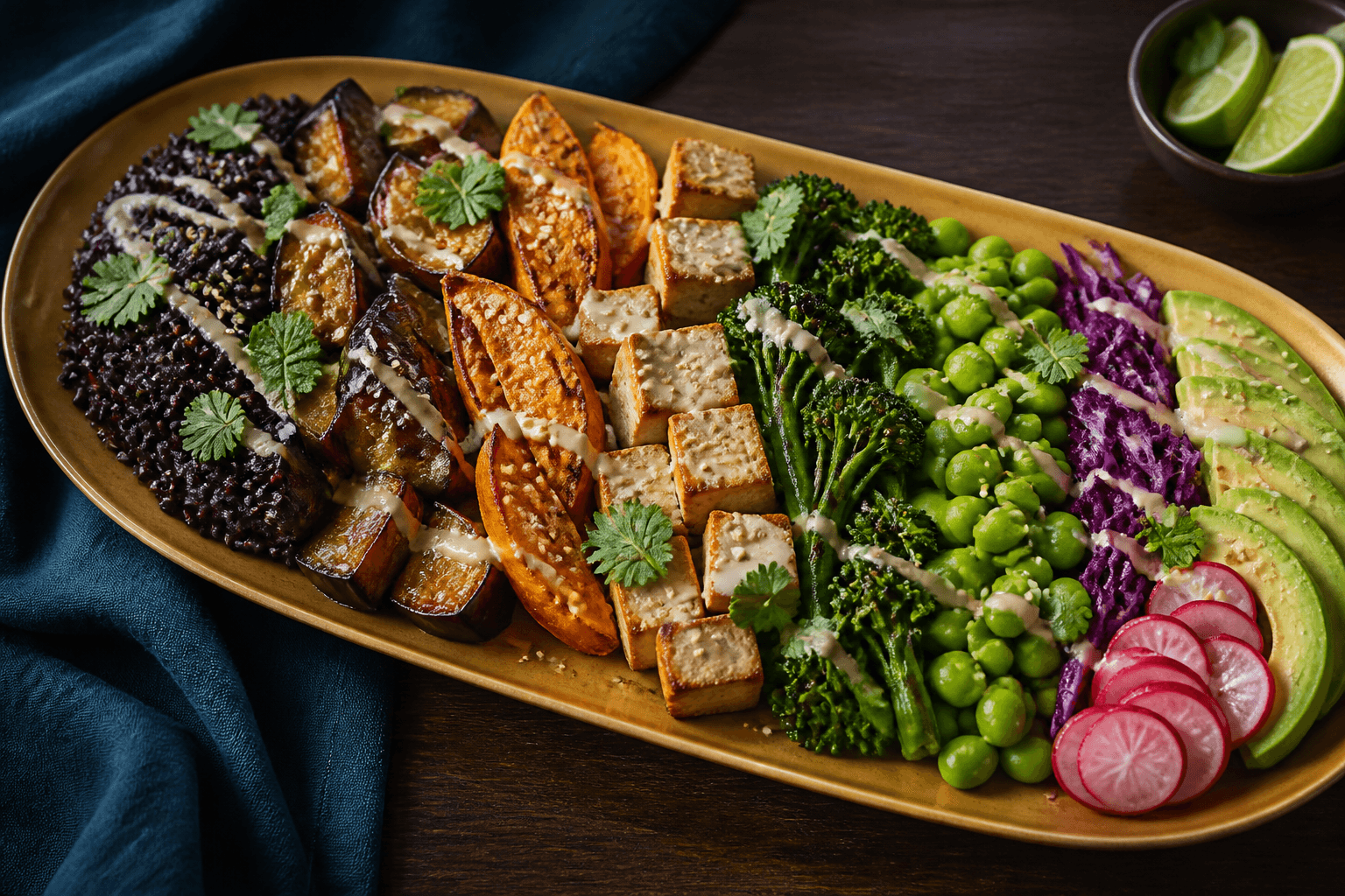 Langt okkerfad med sort ris, misobagt aubergine, sød kartoffel, sprød tofu, broccolini, edamame, rødkål, avocado og radise