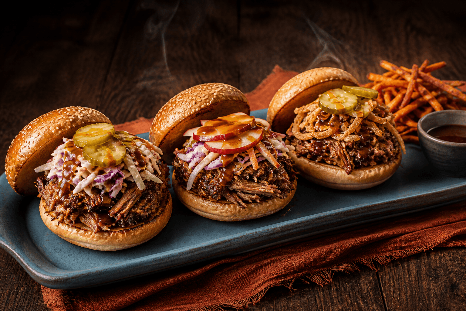 Langt petrolblåt fad med tre åbne sliders, ensartet brun langtidsbraiseret pulled pork, æble-rødkålsslaw, syltet agurk og mørk sauce
