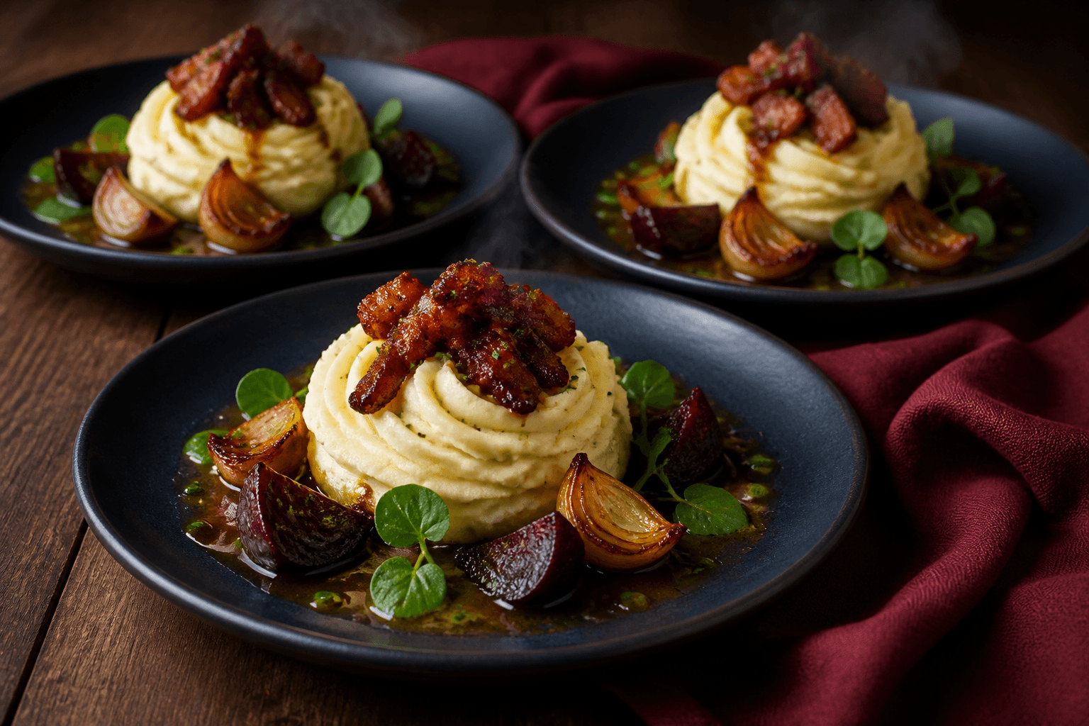 Tre midnatsblå tallerkener med kartoffel-sellerimosrosetter, helt sprød bacon, karamelliserede løg, glaserede beder, æbleciderjus og urter