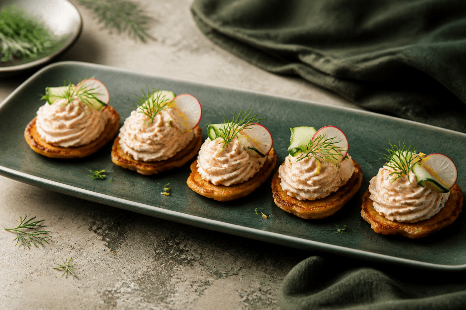 Langt mørkegrønt fad med fem gyldne kartoffelblinis, fast røget laksemousse, syltet agurk, radise, dild og citron