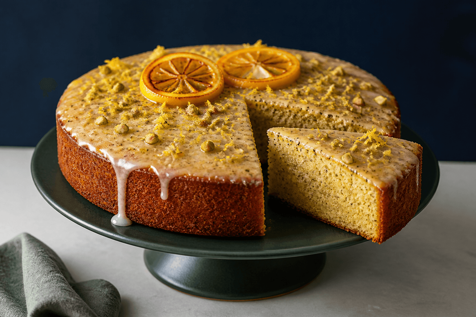 Rund citron-birkeskage på skovgrønt fad med åbent fugtigt snit, tynd citronglasur, pistacie og karamelliserede citronskiver