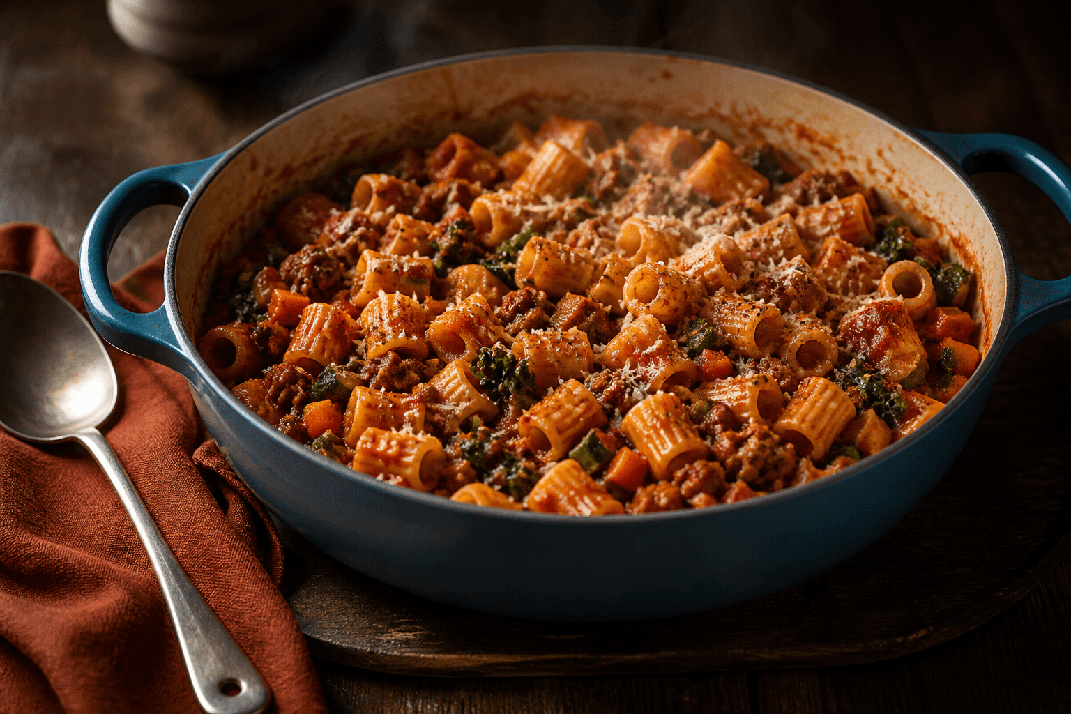 Petrolblå gryde med kort pasta, tyk tomatkødsovs, helt brunet oksekød, gulerod, squash, grønkål og parmesan