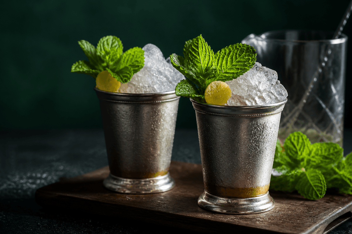 To frostede sølvkopper med mint julep, fint knust is, store friske myntebuketter, citronolie og ravfarvet bourbon