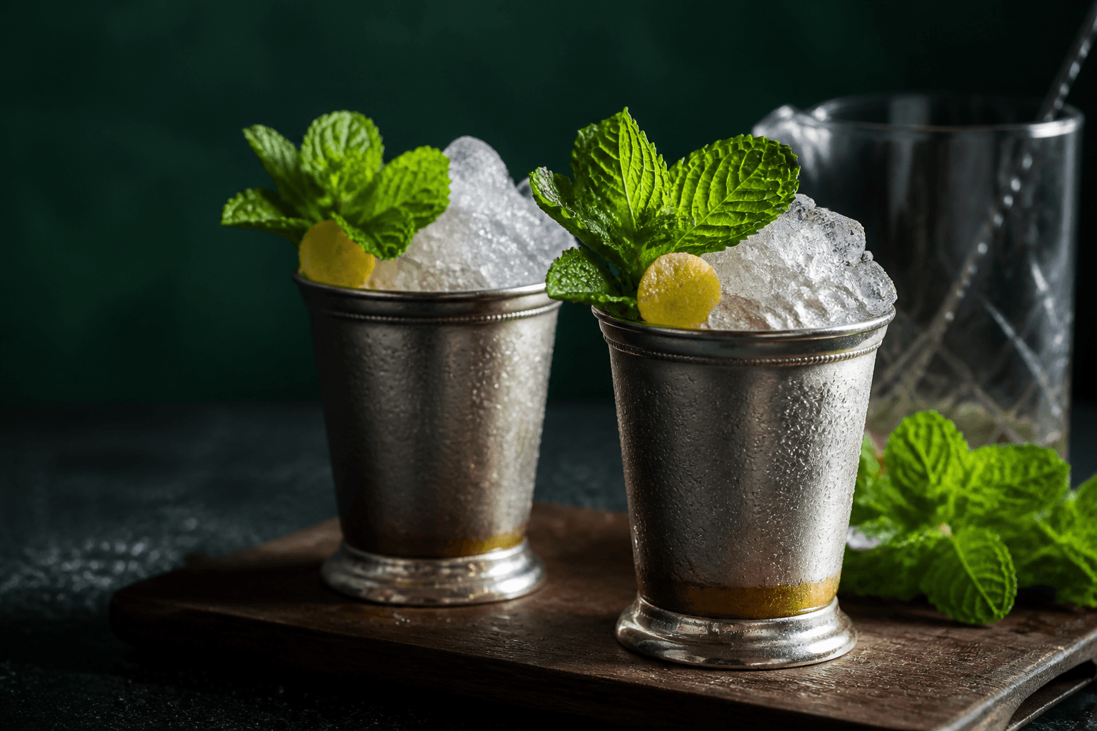 To frostede sølvkopper med mint julep, fint knust is, store friske myntebuketter, citronolie og ravfarvet bourbon