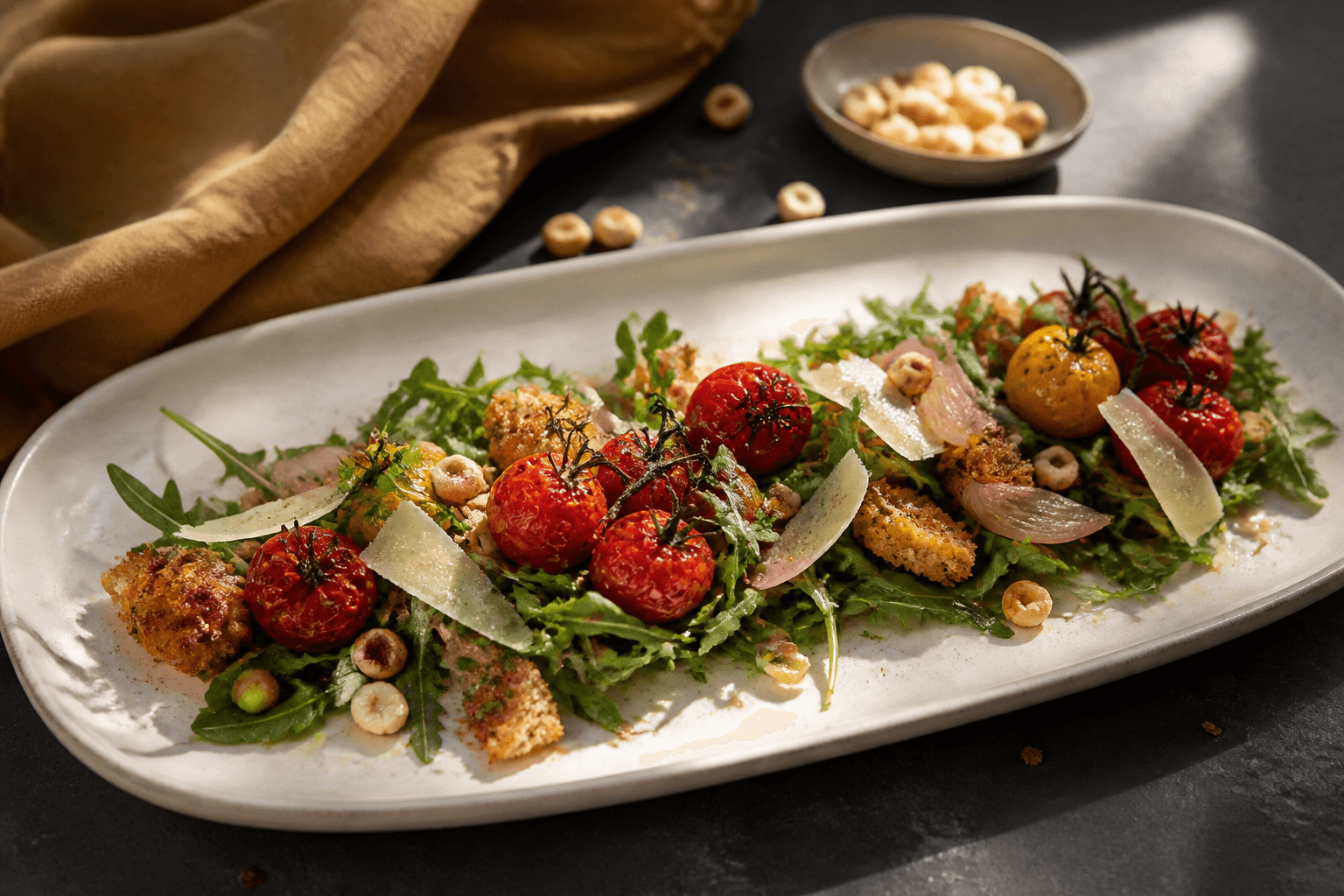 Langt varmt elfenbensfad med tør rucola, kollapsede røde og gule bagte tomater, skalotteløg, parmesan, hasselnødder og brødcrunch