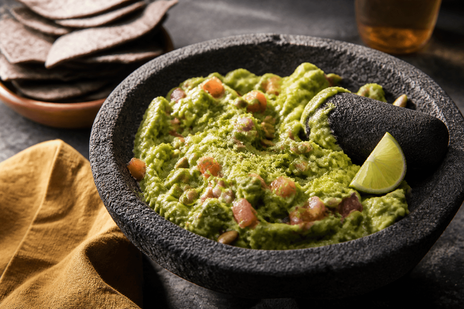 Sort basaltmorter med grov grøn guacamole, synlige avocadostykker, tomat, rødløg, jalapeño, koriander, lime og græskarkerner