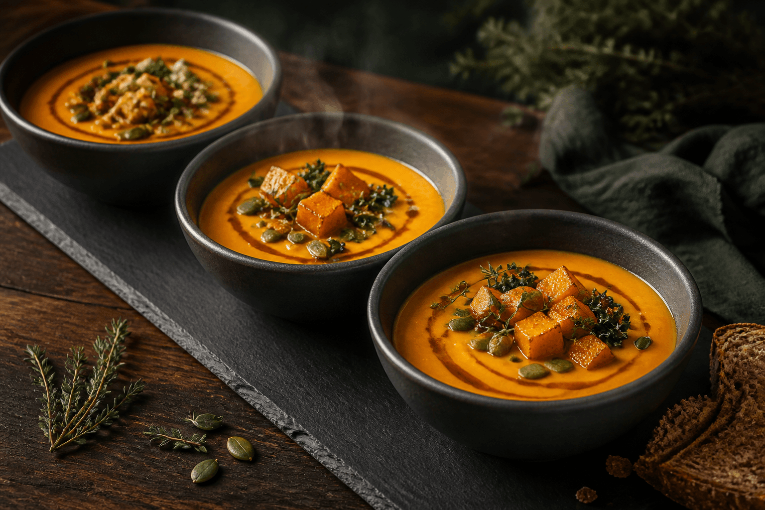 Tre matte kulsorte skåle med dampende orange butternut-suppe, ristede græskartern, salviesmør, græskarkerner, kålchips og timian