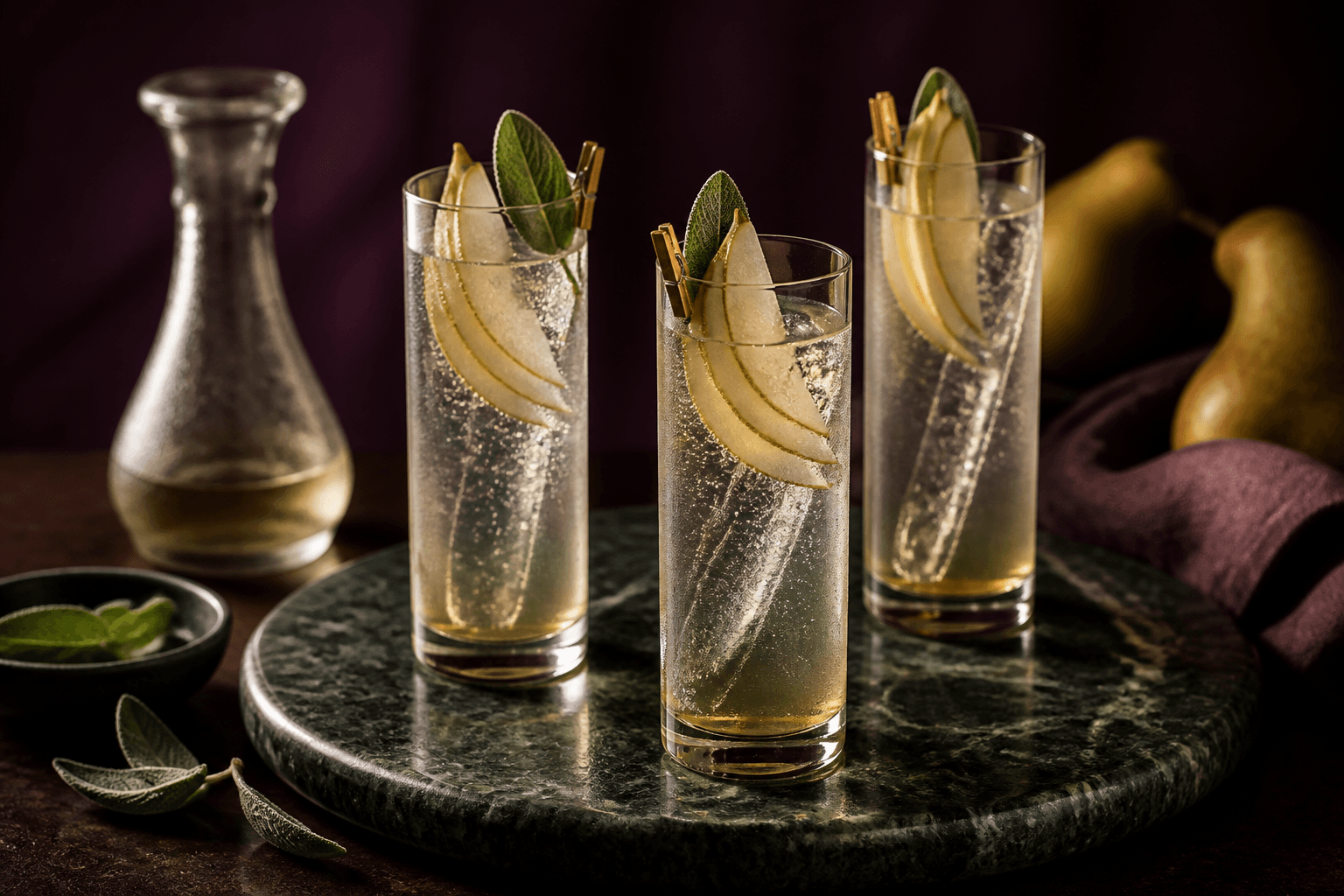 Tre høje røgfarvede glas med lys pære-gin-cocktail, klar is, bobler, pærevifte og salvie på mørkegrøn marmor