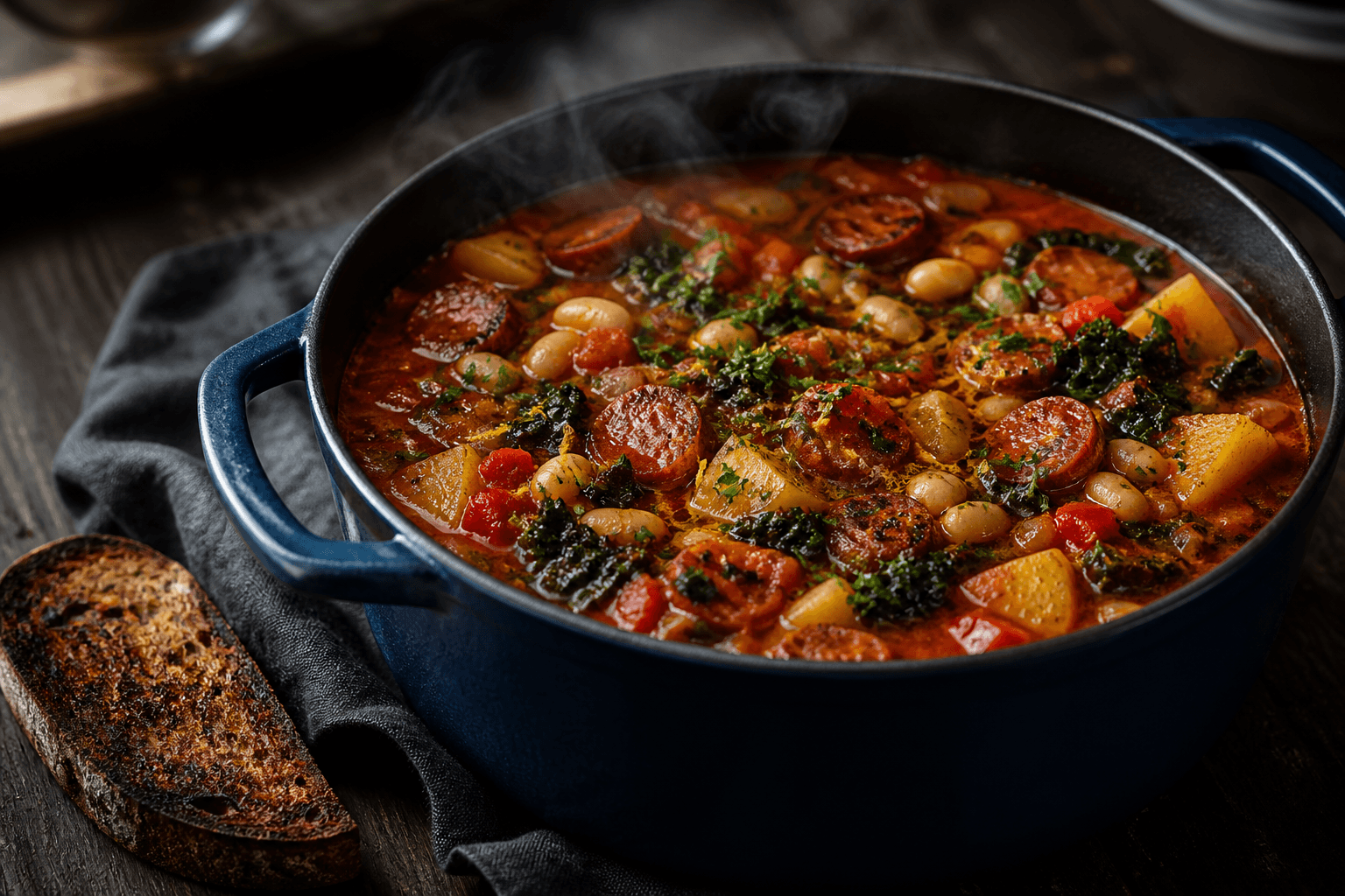 Bred navy gryde med dampende rød chorizosuppe, gennemstegte pølseskiver, kartoffel, grønkål, hvide bønner og peber