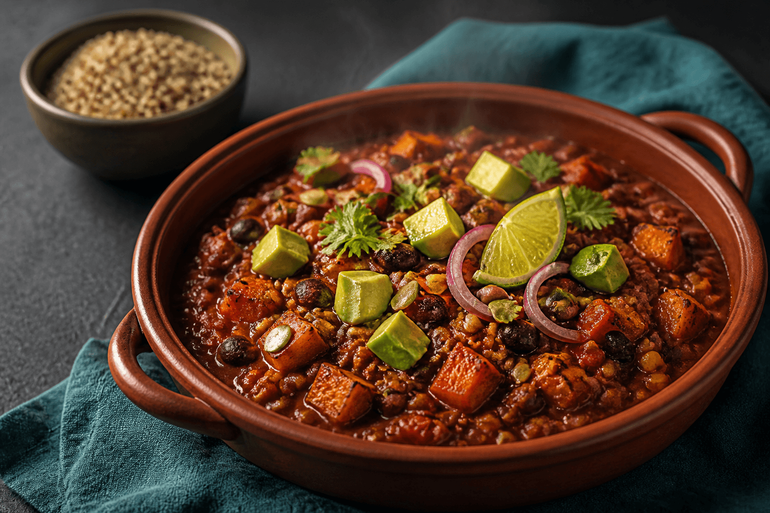 Lav terrakottagryde med tyk rød chili sin carne, sorte bønner, pintobønner, linser, sød kartoffel, majs, avocado og lime