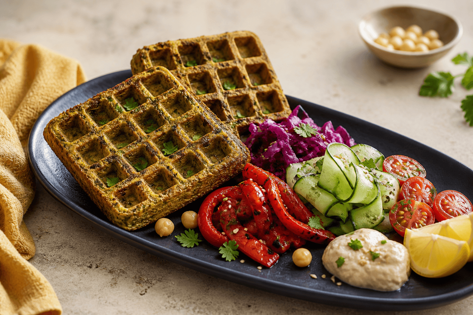 Langt midnatsblåt fad med to sprøde grøn-gyldne falafelvafler, ristet peber, syltet rødkål, agurk, tomat og citron-tahin