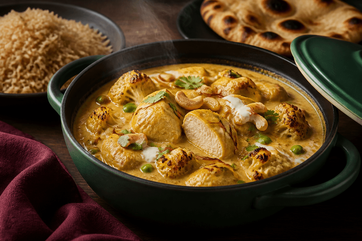 Emeraldgrøn gryde med gylden kylling korma, helt tilberedt kontrolsnit, blomkål, ærter, cashew, safran og koriander