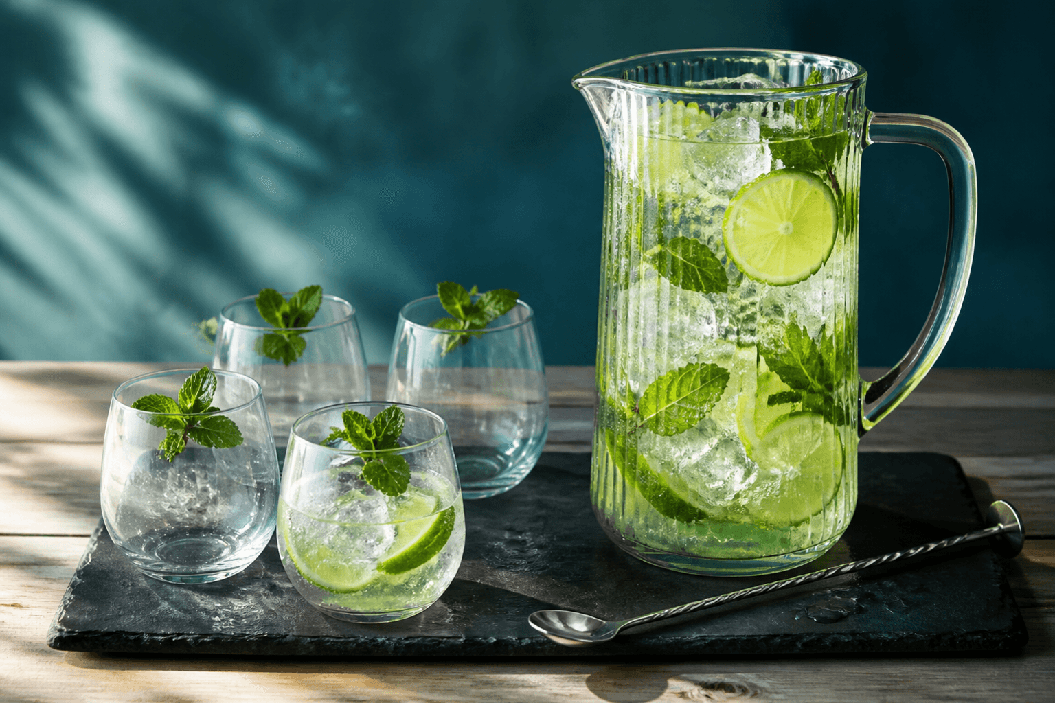 Ribbet glaskande med klar mojito, limehjul, frisk mynte, is og bobler ved fire små glas på mørk skifer