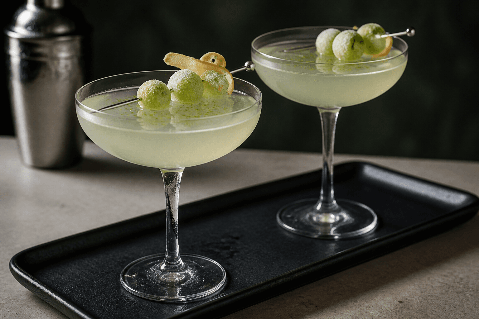 To røggrå coupeglas med lys agurk-ingefær-gin, tre frosne agurkekugler, kandiseret ingefær og limezest