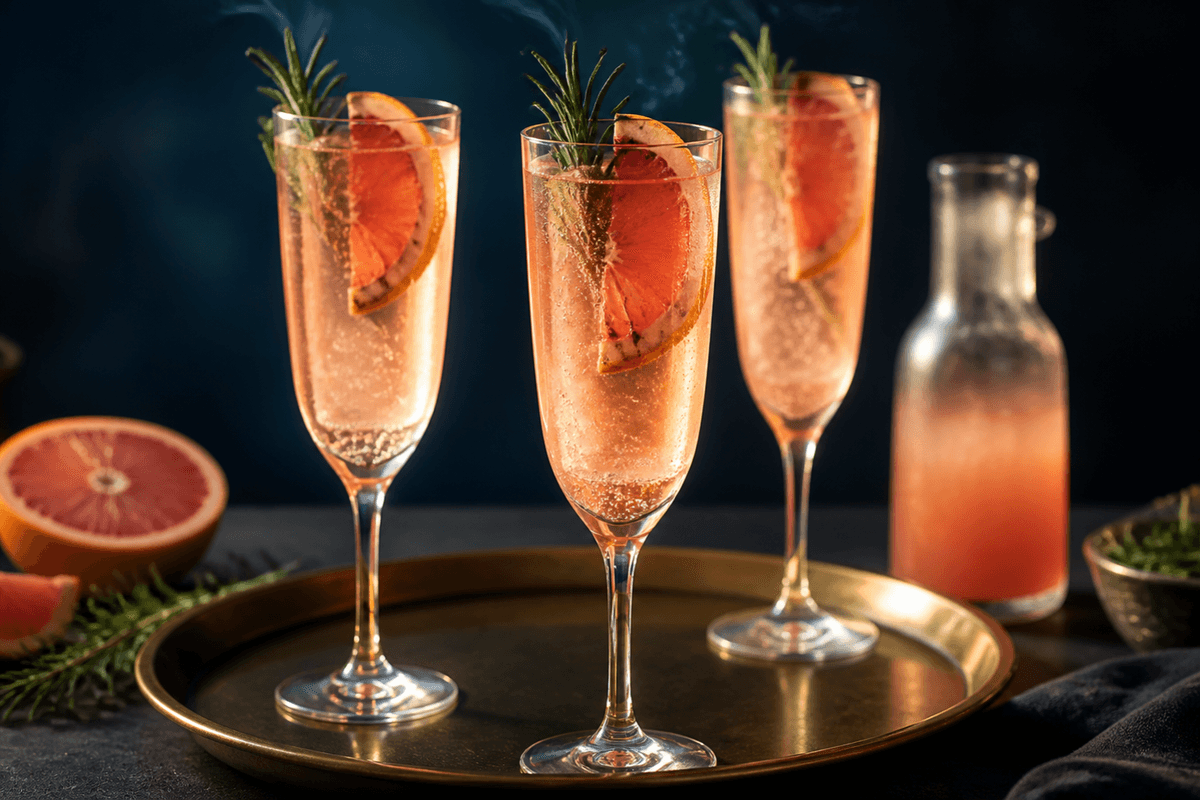 Tre høje flute-glas med rosa grapefrugt-gin-spritz, klar is, aktive bobler, grillet grapefrugt og rosmarin på messingfad