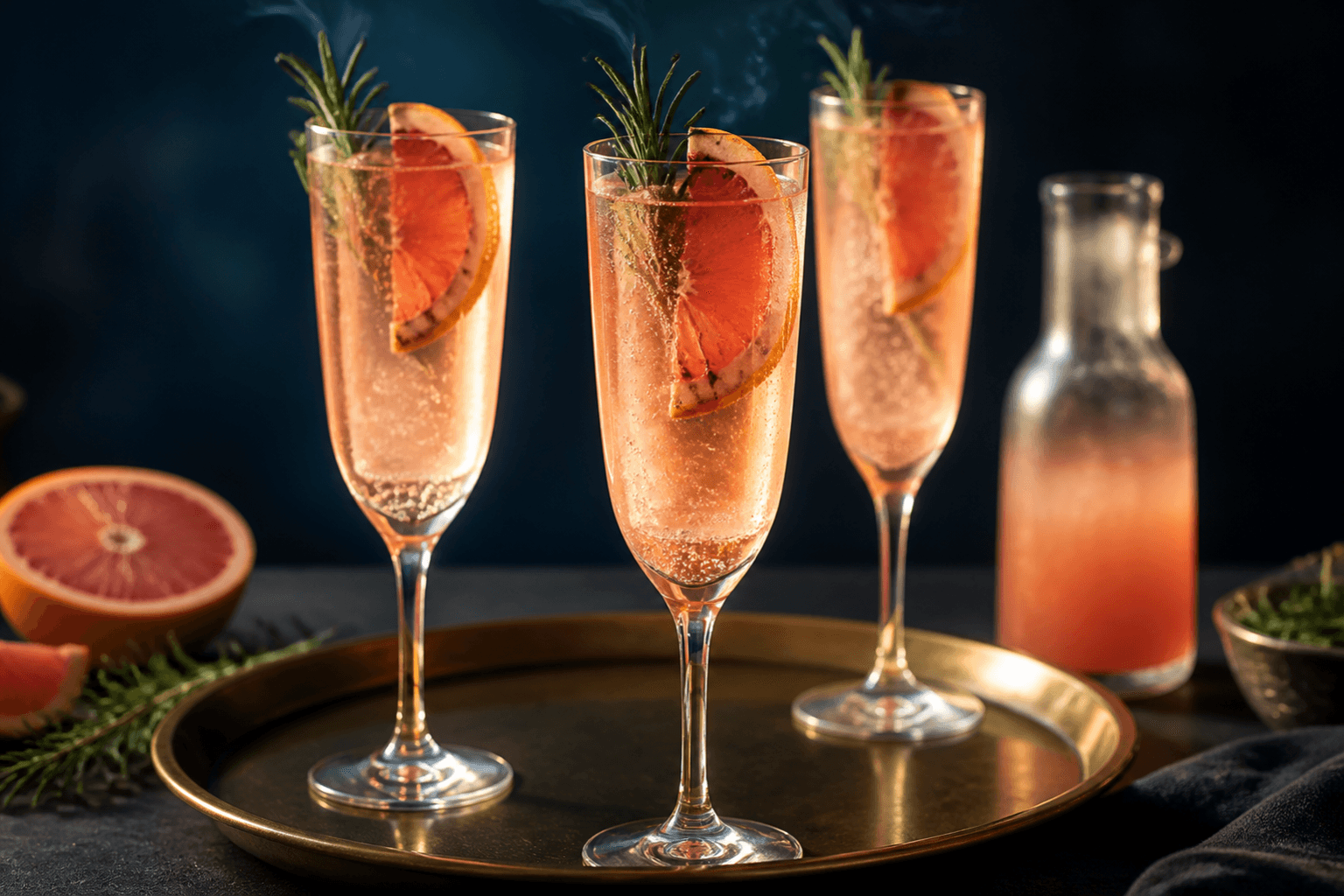 Tre høje flute-glas med rosa grapefrugt-gin-spritz, klar is, aktive bobler, grillet grapefrugt og rosmarin på messingfad