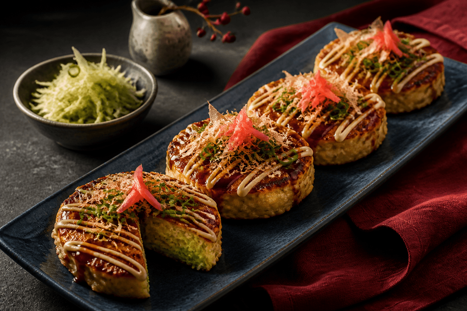 Langt indigoblåt fad med fire tykke gyldne okonomiyaki, fast kålsnit, mørk sauce, lys mayonnaise, bonito, ingefær og forårsløg