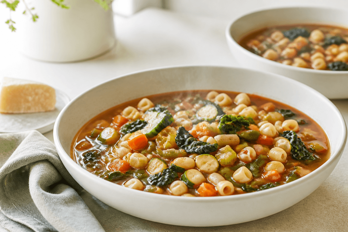 Lys skål med minestronesuppe, ditalini, hvide bønner, gulerod, squash, grønne bønner og mørke kålblade